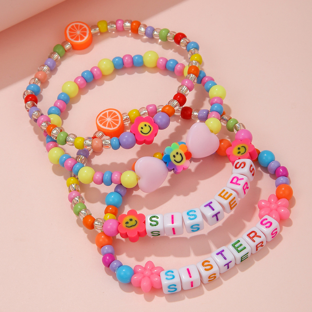 Sweet Letter Heart Shape Flower Plastic soft clay Beaded Handmade Kidu0027S Bracelets 1 Set