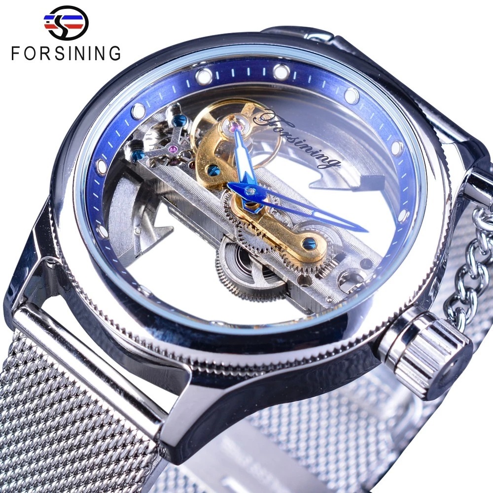 Forsining Men's Transparent One Machine Mechanical Watch Automatic Mesh Belt Hollow Stainless Steel Waterproof Watch_voghion.com