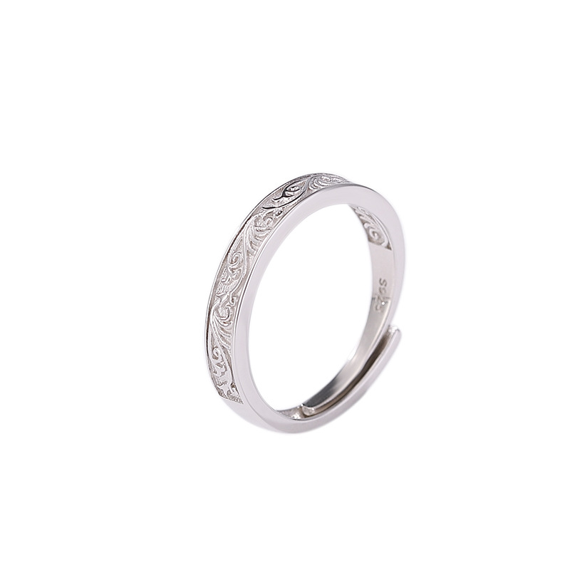 Nhẫn đôi bạc S925 phong cách dân tộc họa tiết cỏ Đường tốt lành — Nam (Khoảng 2.7 gram)