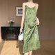 Cross-border cloud yarn sling dress 2025 new temperament slim shoulder belt printed dress V-neck A- line skirt wholesale