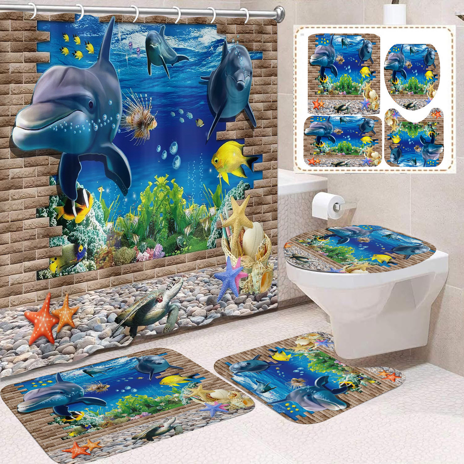 Cortina de ducha transfronteriza con diseño de delfines azules, estampada digitalmente, de poliéster, sin perforaciones, para baño, decoración del hogar image 13