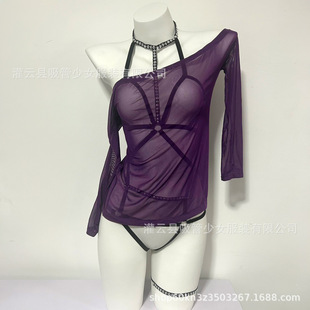 Sexy Strap Tight Rivet Three-Point One-Piece Mesh Sheer Off-Shoulder Short Dress 1443