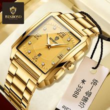 新款长方形男士精钢带简约运动户外日历石英手表防水腕表一件代发