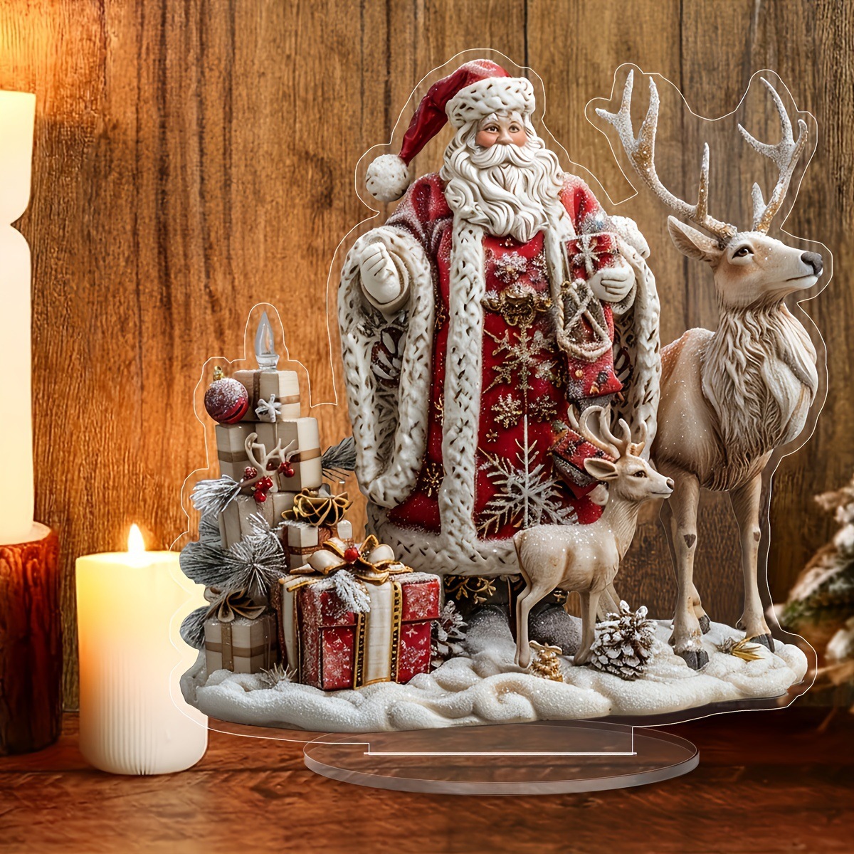 Papá Noel estilo bohemio con reno acrílico mostrando decoraciones navideñas