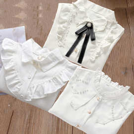 女童长袖白衬衫棉儿童薄款白色衬衣中大童表演服小学生校服翻领