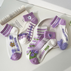 夏天浪漫紫色系愛心花玻璃絲短筒百搭可愛學院風韓版船襪