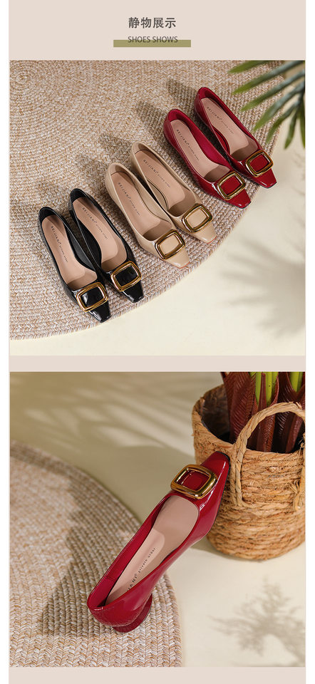 Giày cao gót nữ mũi vuông khóa vuông, da sáng chế, gót thô 6–8 cm — màu kaki, màu đỏ tía, đen chi tiết 8