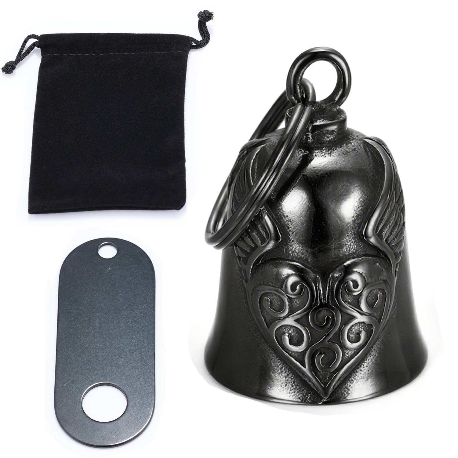 Moto de personalidad europea y americana transfronteriza, santo patrón de la conducción, material de acero inoxidable, alas de amor, campana, negro retro