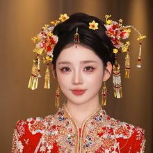 新娘红色秀禾头饰2025新款滴胶花朵古风高级眉心坠中式龙凤褂发饰