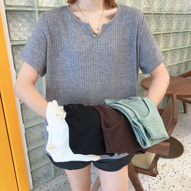 Summer Flower Collar Large Size Loose Short-sleeved T-shirt Rib Fashionable Casual Base Shirt Solid Color All-match Women's Top