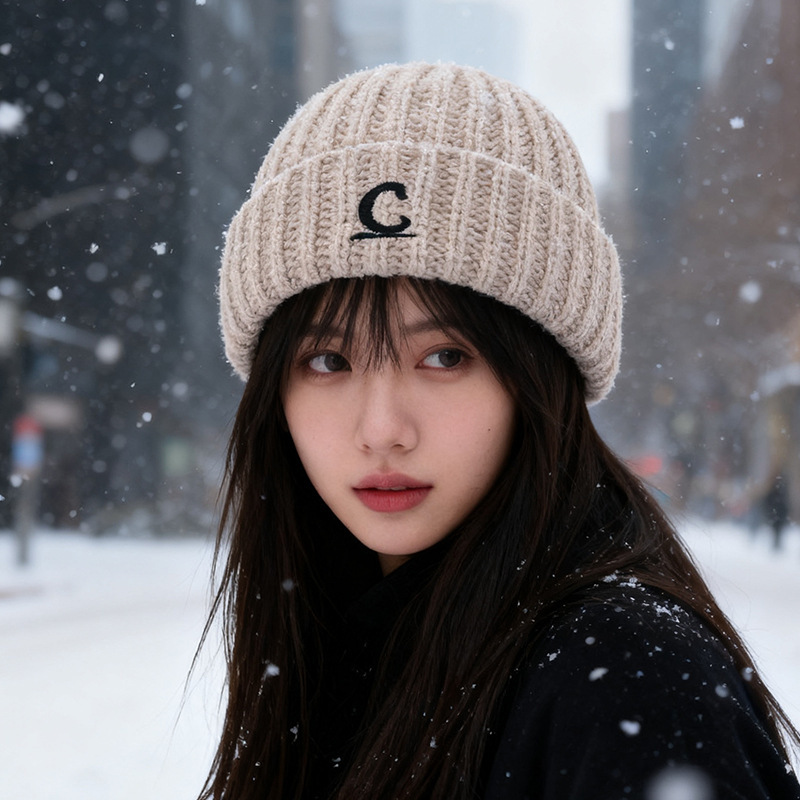 秋冬保暖针织毛线帽子男女韩版C字母刺绣瓜皮帽显脸小情侣冷帽潮|undefined