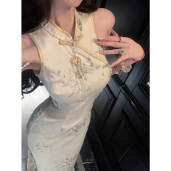 [空の谷蘭] 春と夏のエレガントな中国風の金蝶新しい中国風の気質ノースリーブチャイナドレス純粋な欲望