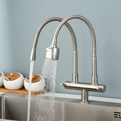 Cross-border 304 stainless steel kitchen double pipe double control single cold faucet household sink vegetable basin universal faucet