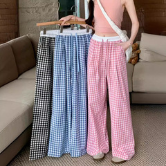 2025年女性用チェック柄ストレートカジュアルパンツ、ハイウエストドローストリングワイドレッグパンツ、夏用ドレープ感のある万能フロアレングスパンツ