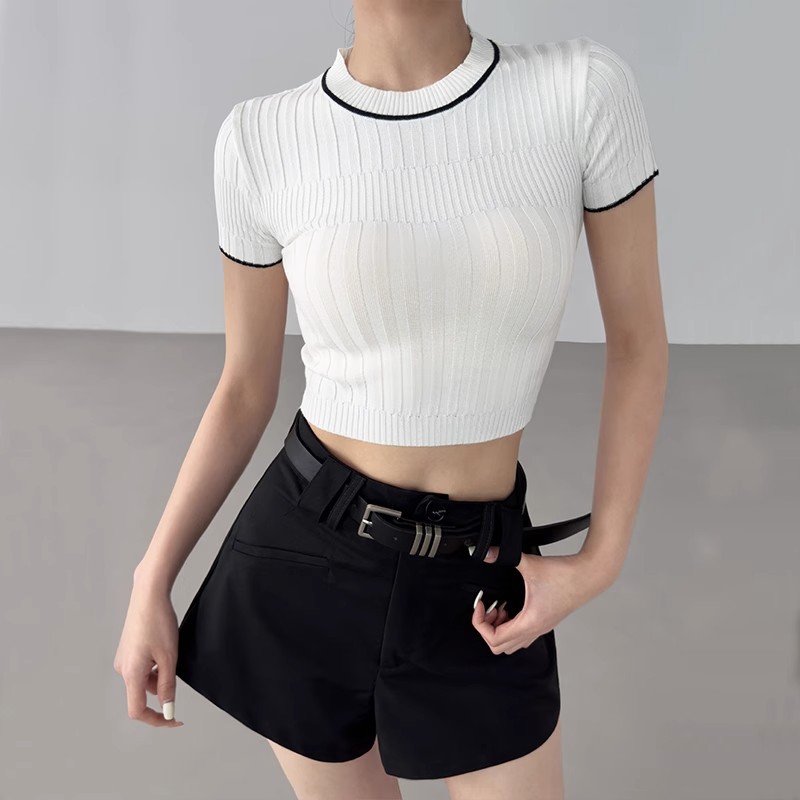 Áo phông ngắn tay kiểu Mỹ mùa hè áo mặc trong dệt kim loại mỏng cho nữ hot girl áo bó sát tôn dáng hở rốn cạp cao siêu ngắn