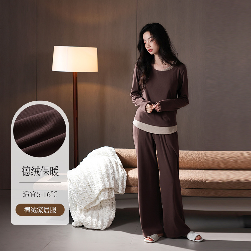 【De Rong Thermal Lock】Warm and Heat-Retaining Pajamas for Women, Autumn and Winter Long-Sleeve Slim-Fit Base Layer Thin Velvet Homewear Set