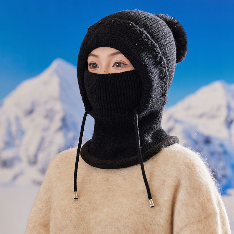 珍珠加绒厚连体帽子女士冬季围脖一体口罩帽户外防风寒保暖骑车帽|undefined