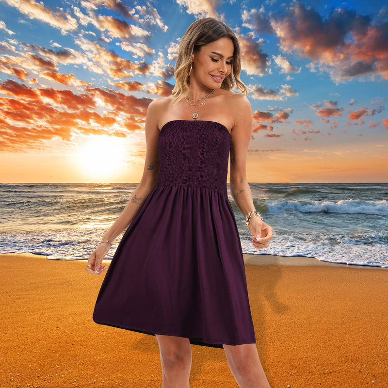 Self-developed summer beach dress floral touch mid-length dress Bohemian strapless strapless skirt Self-developed summer beach dress floral touch mid-length dress Bohemian strapless strapless skirt