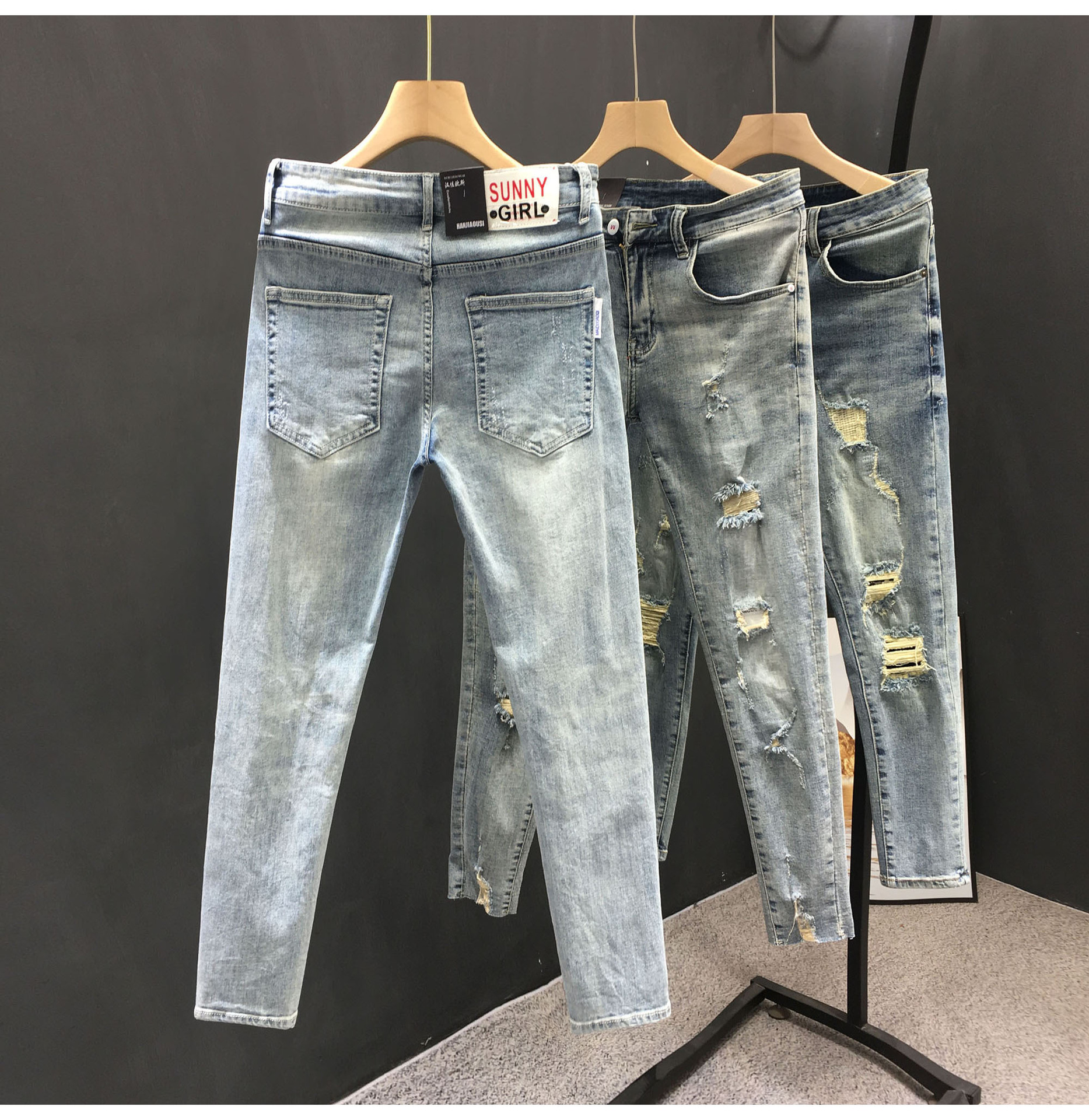 Men's Clothing Summer heavy wash retro distressed ripped jeans men's trendy brand handsome scraped slim fit skinny nine point pants_voghion.com
