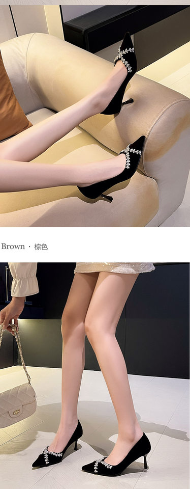 Giày cao gót nữ mũi nhọn gót mảnh 6–8 cm trang trí hoa và đá gắn, chất liệu cashmere — màu nâu, màu đen chi tiết 9