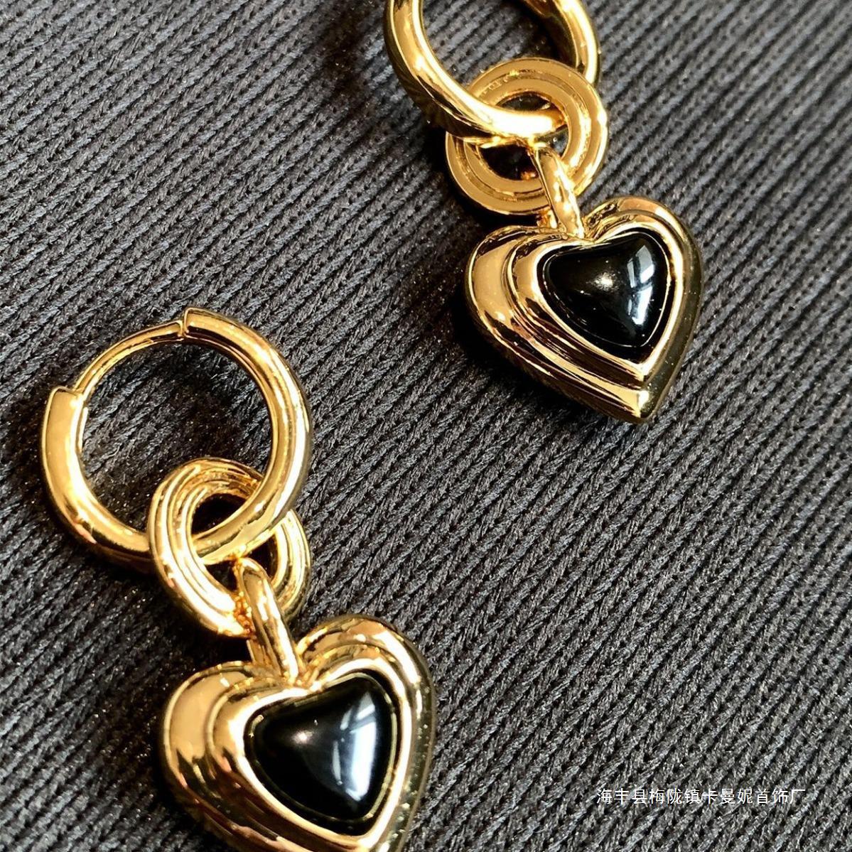 2024年新款雙層可拆戴黑瑪瑙愛心耳環女法式輕奢高級感復古耳飾女