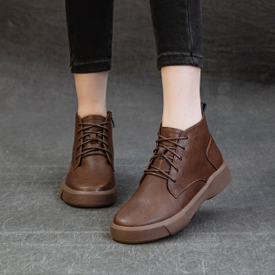 Spring Autumn and Winter Genuine Leather Thick-soled Martin Boots Women's Vintage fleece-lined Round Toe Short Boots Casual Breathable Low Boots Brown