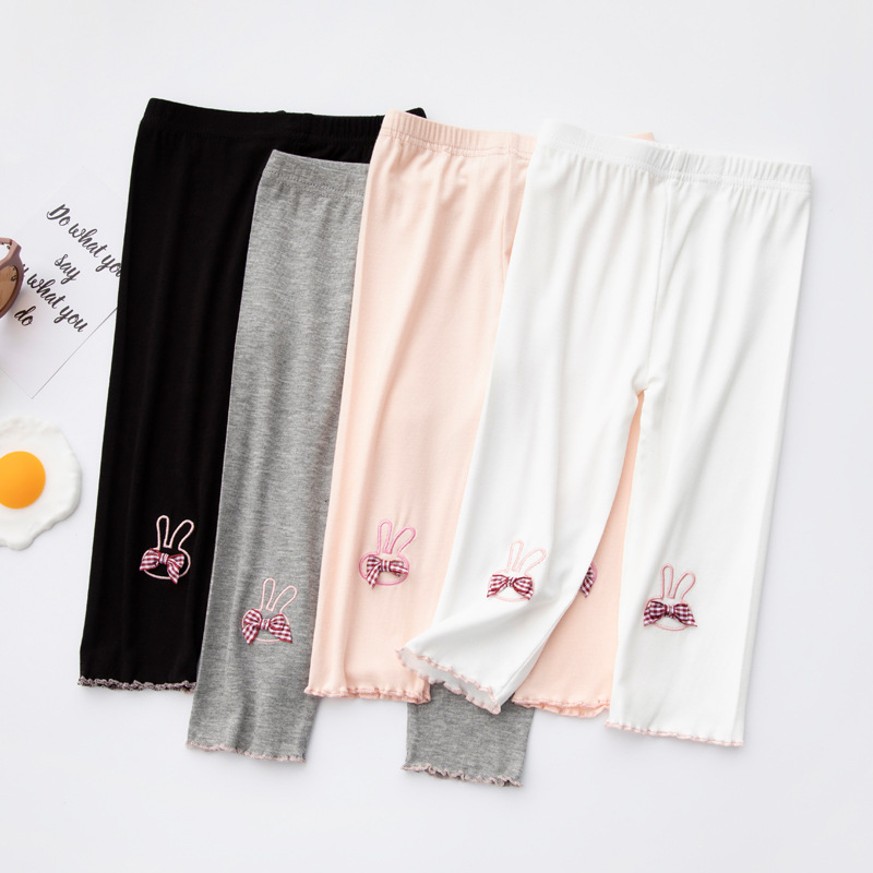 2021夏季儿童七分打底裤 蝴蝶结撞色木耳边 女童打底裤 童装裤子|ru