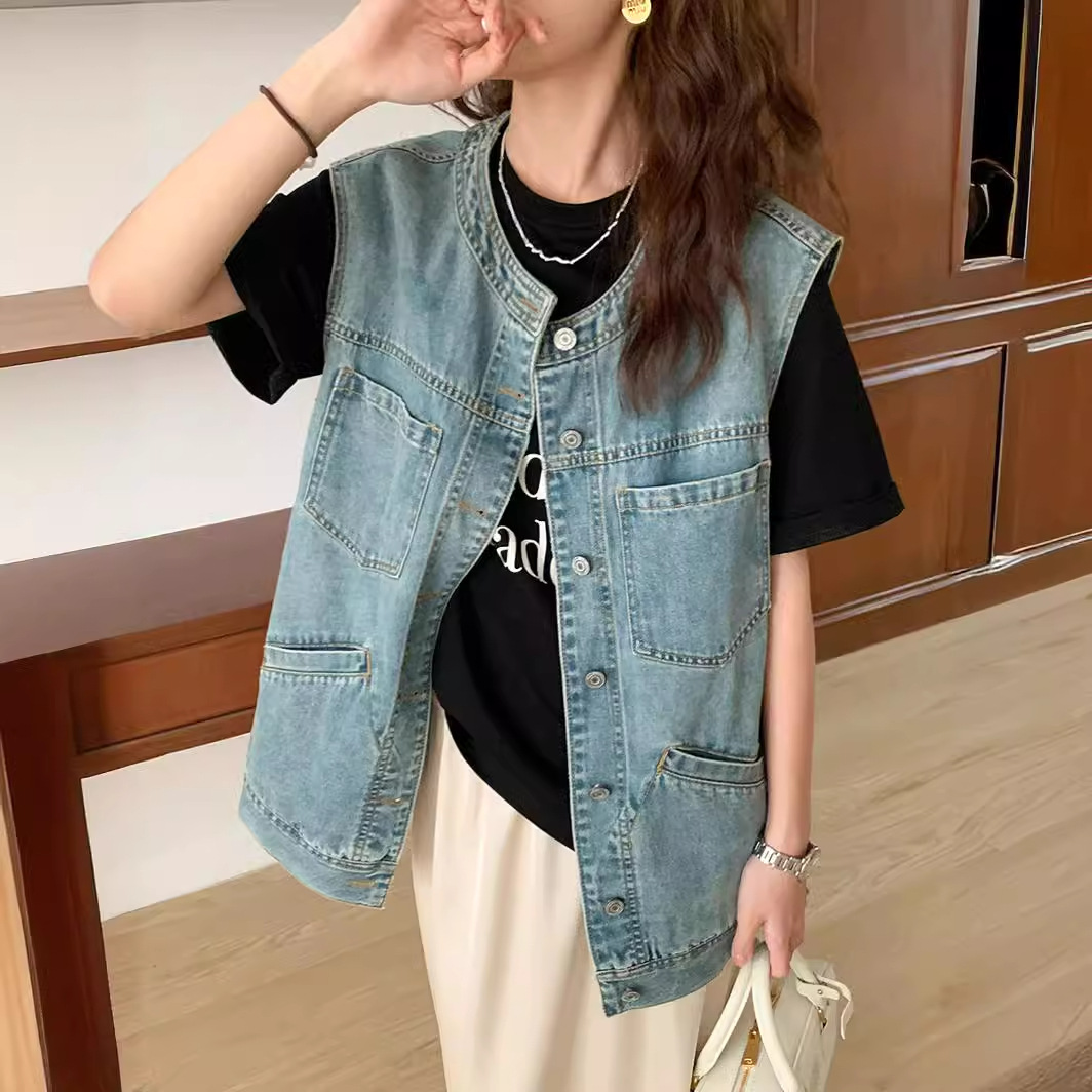 Linuo Korean Style Denim Vest Jacket for Women, 2026 Autumn/Winter New Style, Casual Loose Design, Sleeveless Cardigan