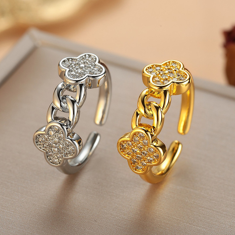 Cross-Border Foreign Trade Diamond-Encrusted Ring, Double Flower Chain, Flower-Shaped Ring, Niche Design, Women's Light Luxury Versatile Ring Cross-Border Foreign Trade Diamond-Encrusted Ring, Double Flower Chain, Flower-Shaped Ring, Niche Design, Women's Light Luxury Versatile Ring