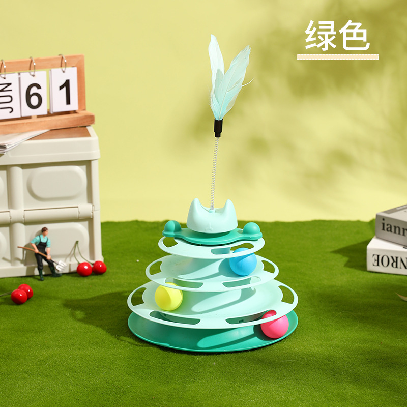 Nueva mascota gato divertido cuatro capas pista de plástico con pluma desmontable gato juguete auto-Hola tocadiscos divertido gato palo venta al por mayor