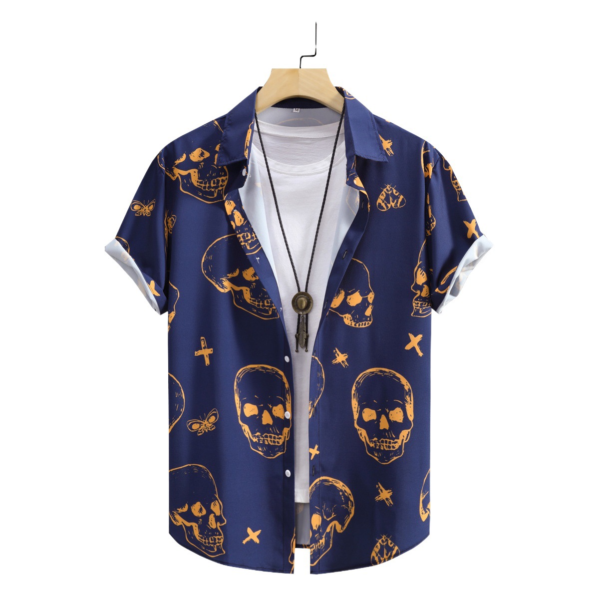 Camisa de los hombres del estilo punk de los hombres azul marino gran cráneo digital impreso camisa de manga corta 2023 verano nuevo