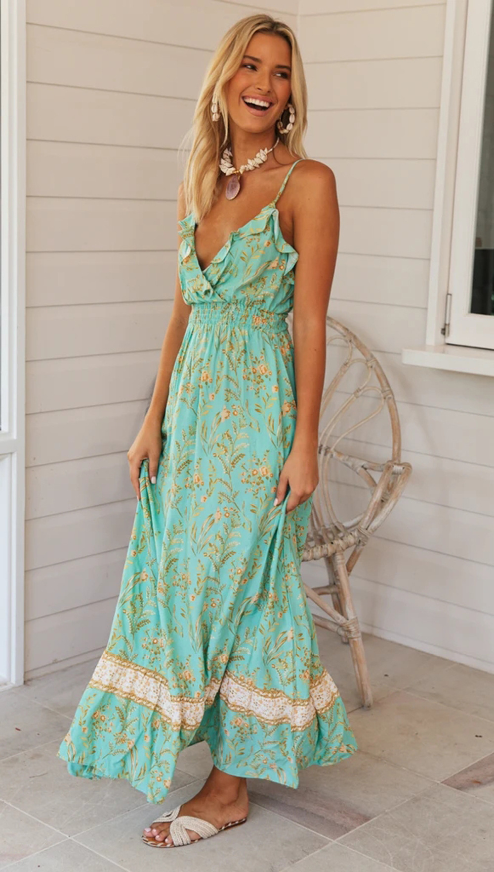 women's bohemian print ruffled large swing V-neck strap dress NSXPF77406