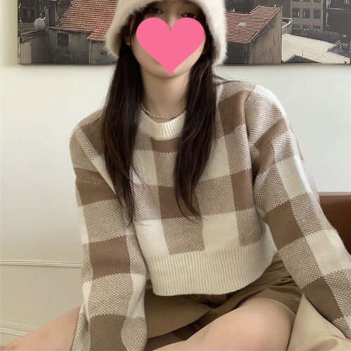 Women's Knit Sweater 2025 Autumn/Winter New Color-blocked Plaid Loose Short Sleeveless Turtleneck Long-sleeved Top
