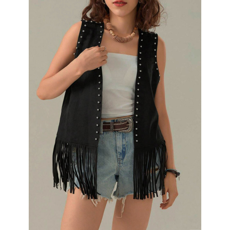 European and American Cross-Border Tassel Vest for Women, Faux Suede Front-Open Retro Vest, Sleeveless Western Jacket