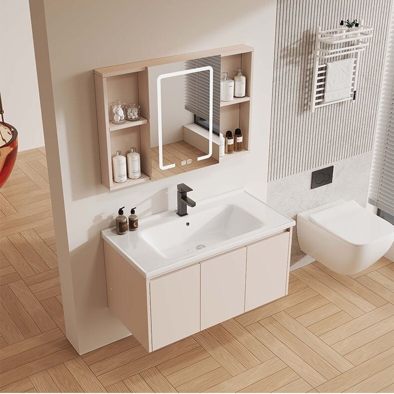 Modern high-end bathroom vanity with integrated ceramic basin, bathroom cabinet, and minimalist washstand