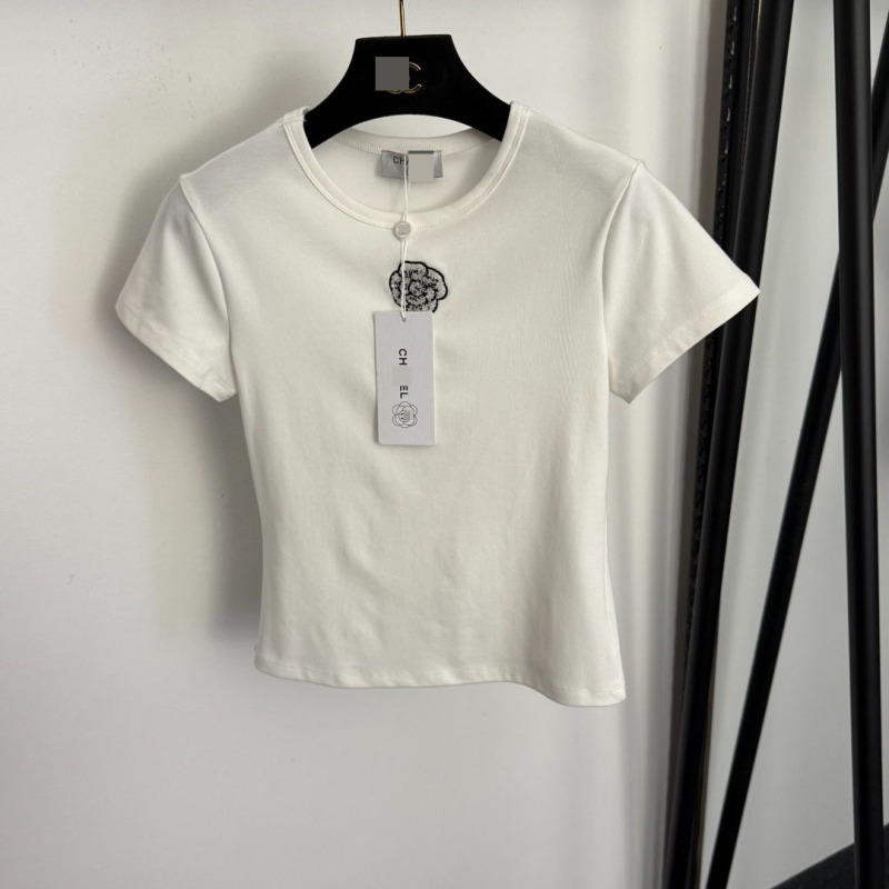 Nanyou High-End Foreign Trade Style Slim-Fit Dopamine Sweet Style Casual Beaded Camellia Slim-Fit Short-Sleeve T-Shirt Nanyou High-End Foreign Trade Style Slim-Fit Dopamine Sweet Style Casual Beaded Camellia Slim-Fit Short-Sleeve T-Shirt