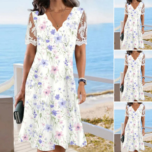 2024 Summer New Amazon Cross-Border European and American Printed Wave Collar Lace Short Sleeve Floral Dress Women's Clothing