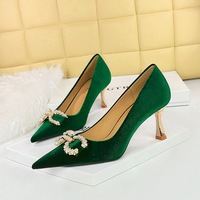 1818-K79 Banquet High Heels Women's Shoes Xishi Suede Shallow Mouth Pointed Metal Pearl Water Diamond Buckle Single Shoe
