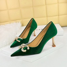 1818-K79 Banquet High Heels Korean Edition Women's Shoes Xishi Suede Shallow Mouth Pointed Metal Pearl Water Diamond Buckle Single Shoe