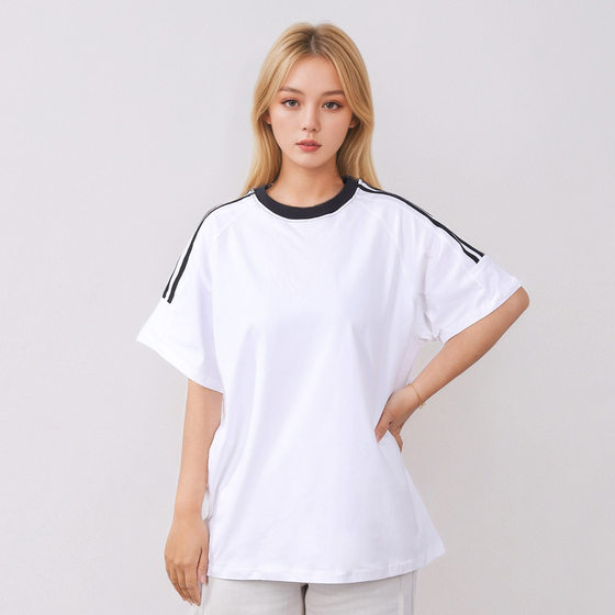 200 grams of three bars cotton drop shoulder round neck short sleeve t-shirt casual Joker loose design sense t-shirt jacket wholesale