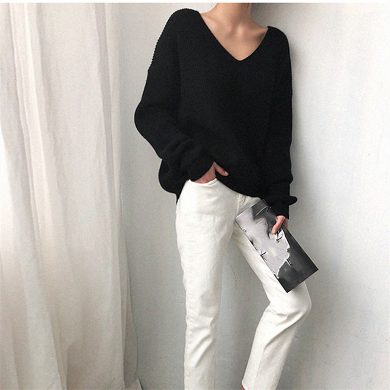 Vêtements pour femmes automne et hiver col en V à manches longues style paresseux ample pull à ourlet simple pull tricoté pull bas_voghion.com