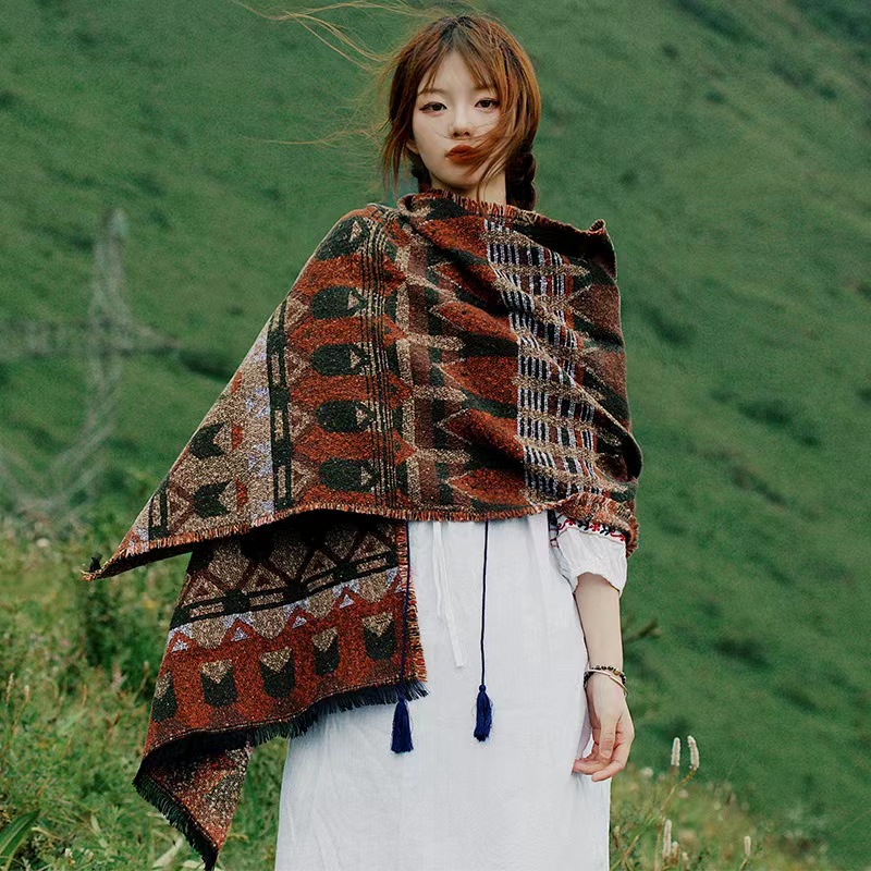 European and American national style shawl female Xinjiang Tibet travel photo wearing outside to take Sichuan cape dual-purpose scarf female winter