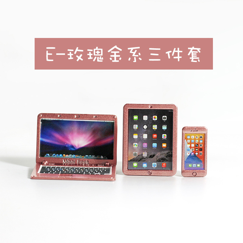 Accesorios de casa de muñecas miniatura portátil plegable simulación mini computadora tableta teléfono modelo de tres piezas N122