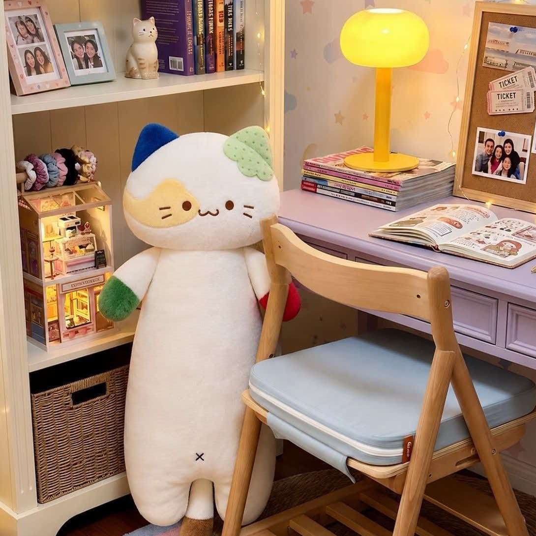 可爱拼接猫咪公仔大耳朵图图小乖猫长条抱枕床上靠枕玩偶礼物批发