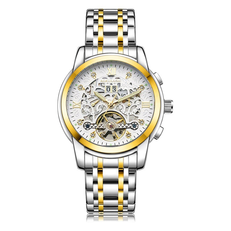 AOKULASIC/ogulas hombres rhinestone reloj mecánico automático hueco doble calendario multifuncional reloj de correa de acero