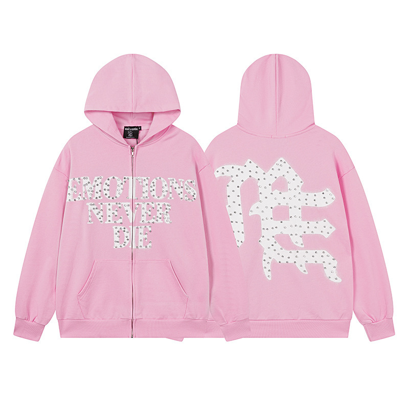 Mixed Emotion American High Street Style Pink Rhinestone Slogan Hooded Cardigan Sweatshirt for Men, Loose Trendy Brand Top