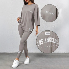 欧美跨境女装休闲字母瑜伽运动套装夏季长袖长裤两件套