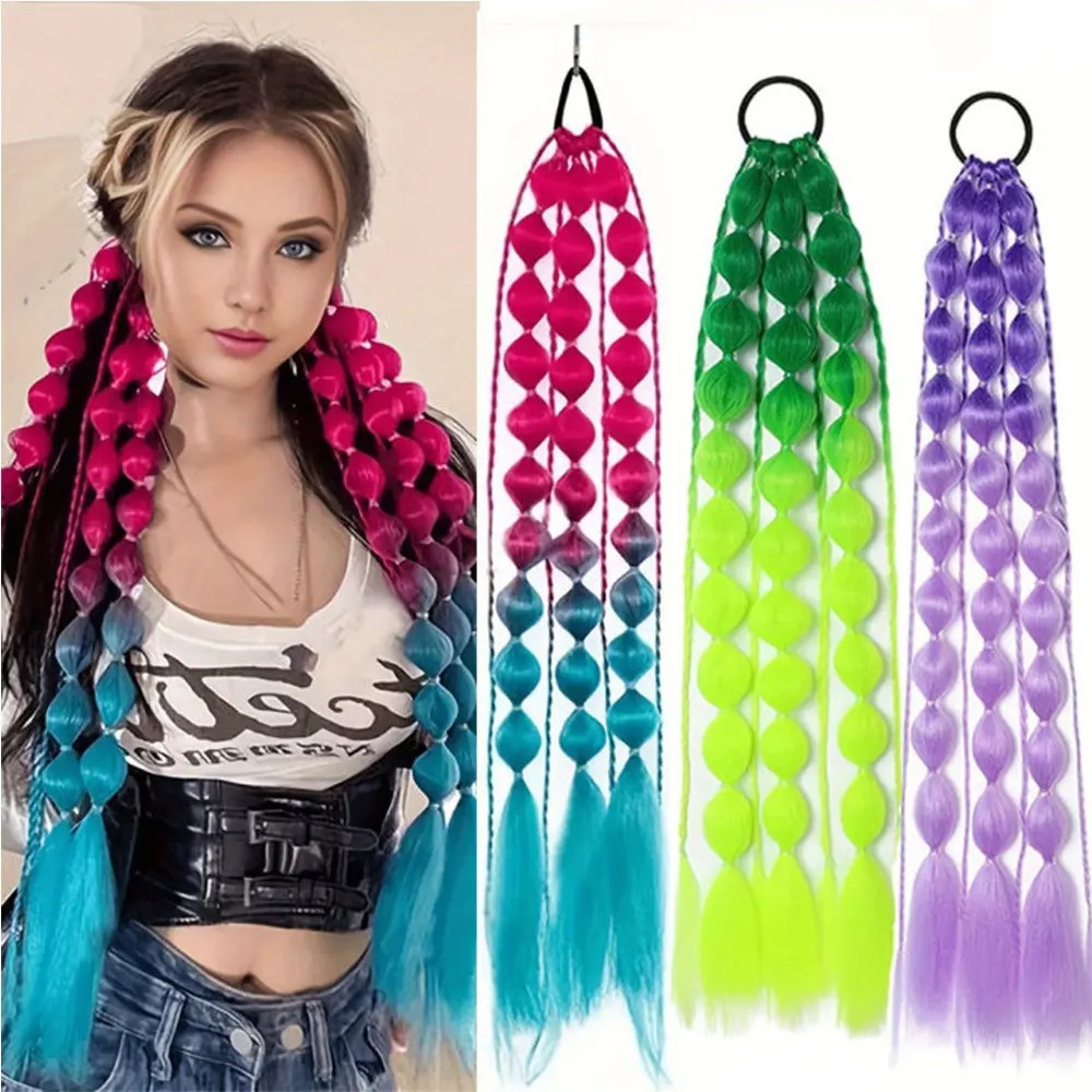 European and American style cross-border gradient color lantern bubble ponytail fashion women's long hand-knitted performance braided ponytail wig