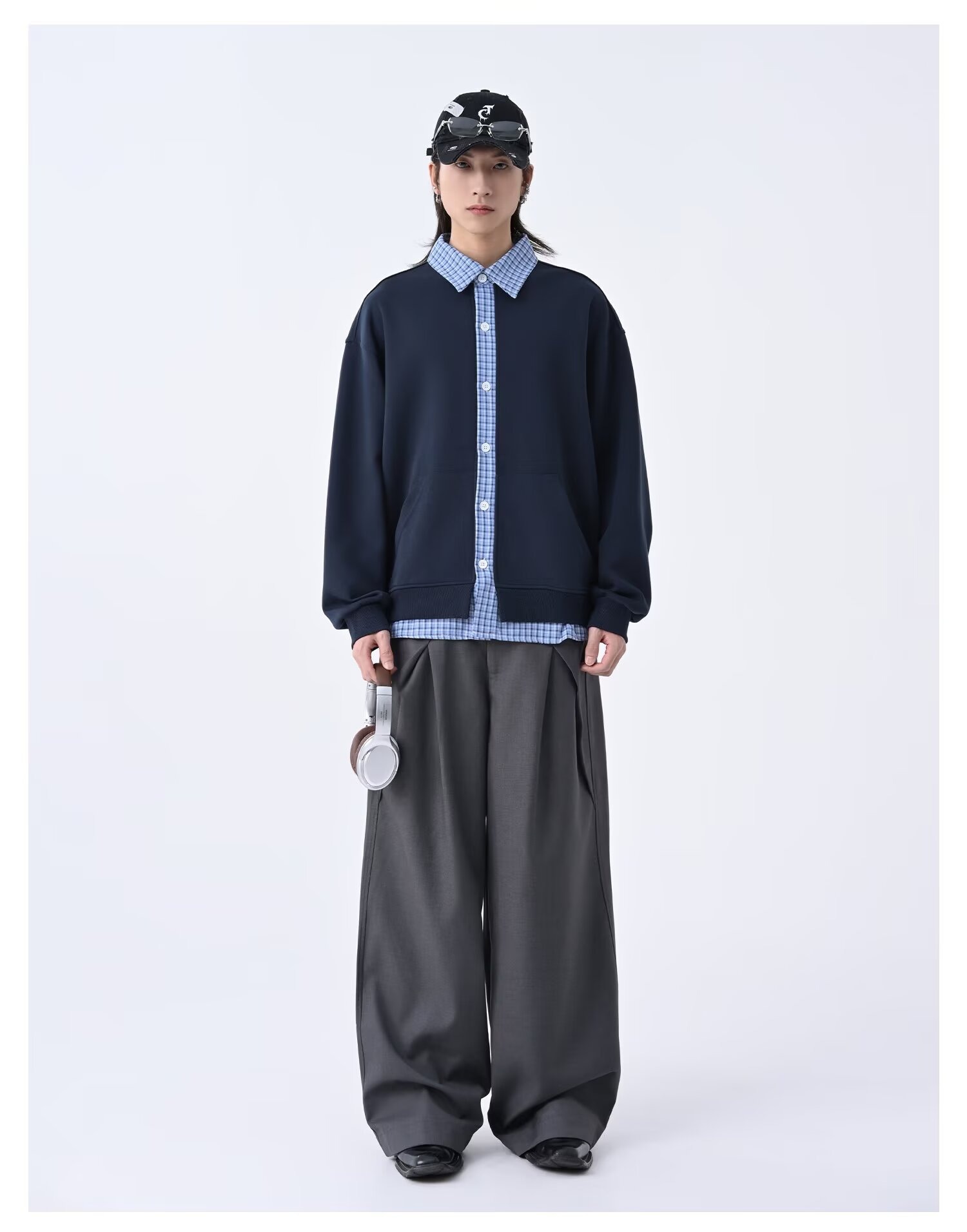 Men's Cardigan Sweatshirt Retro Checkered Patchwork Lazy Style_voghion.com