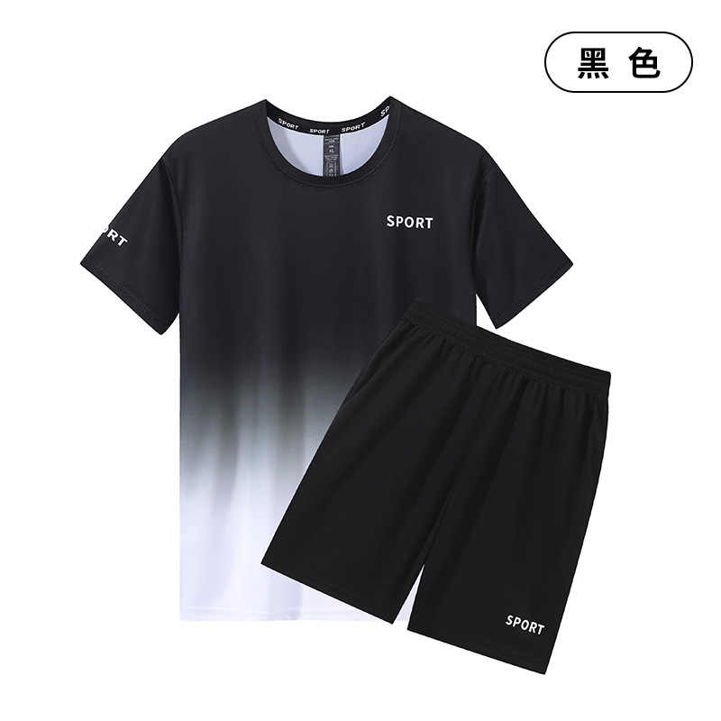 Trajes de deportes de ocio transfronterizos para hombres rápidos secos de manga corta correr transpirable acondicionamiento físico de verano de dos piezas ropa de transporte de seda de hielo gradiente
